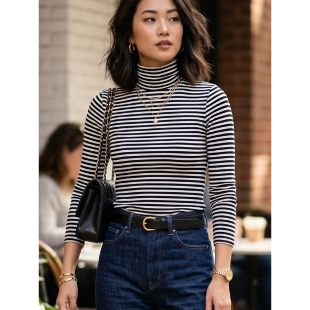 J.Crew Mercantile Womens Black White Striped Turtleneck Long Sleeve Cotton Top S